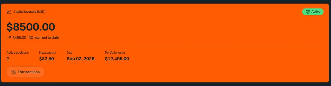 The invest page, showing capital invested, return earned to date and the next payout date.